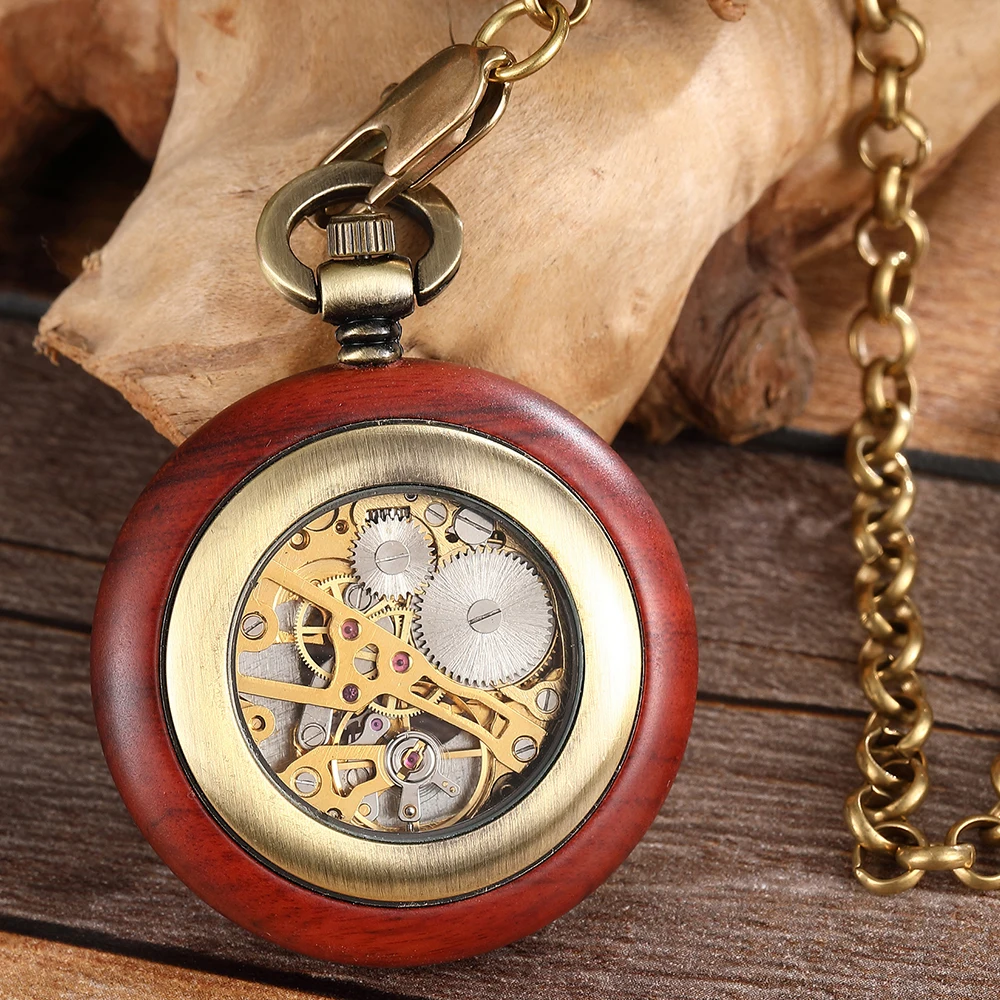 Vintage Solid Wood Mechanical Pocket Watch Gold Chains FOB Hand Winding Steampunk Skeleton Clock Pendant Romans Men Women Gifts