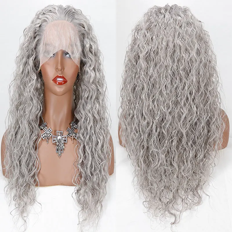 

Silver Grey Synthetic Hair Lace Front Wigs High Quality Bouncy Curly Heat Resistant Fiber Preplucked With Baby Hair For Women