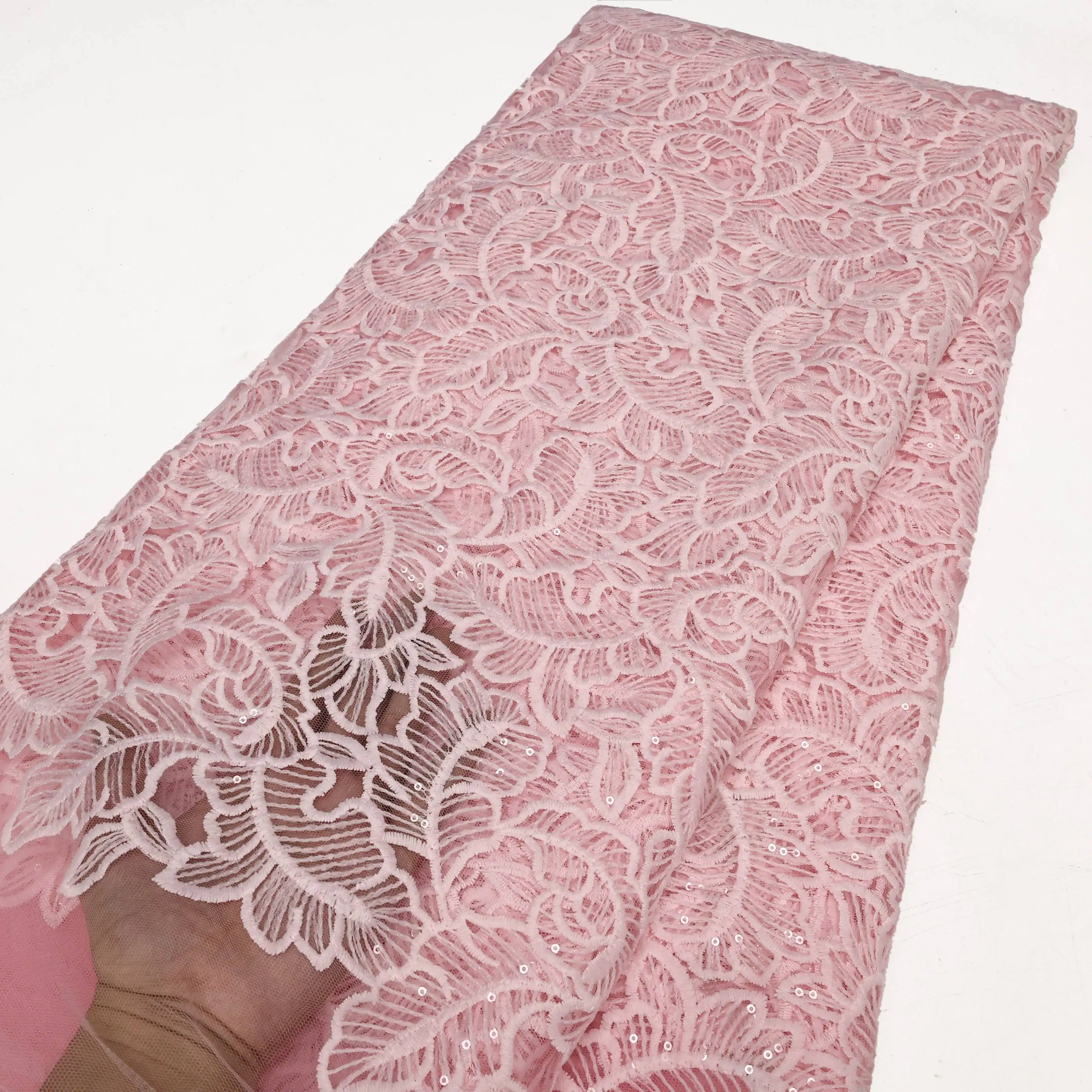 

PGC Pink Milk Silk African Lace Fabric 5yards High Quality 2023 Nigerian French Mesh Lace Fabric with Sequins Wedding Gown Sew
