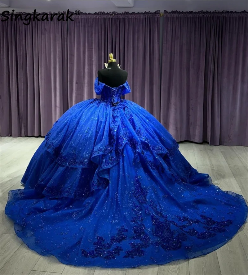 

Royal Blue Ball Gown Quinceanera Dresses 2024 Beading Lace Flowers Appliques Sweet 16 Prom Party Gowns Lace Up Back