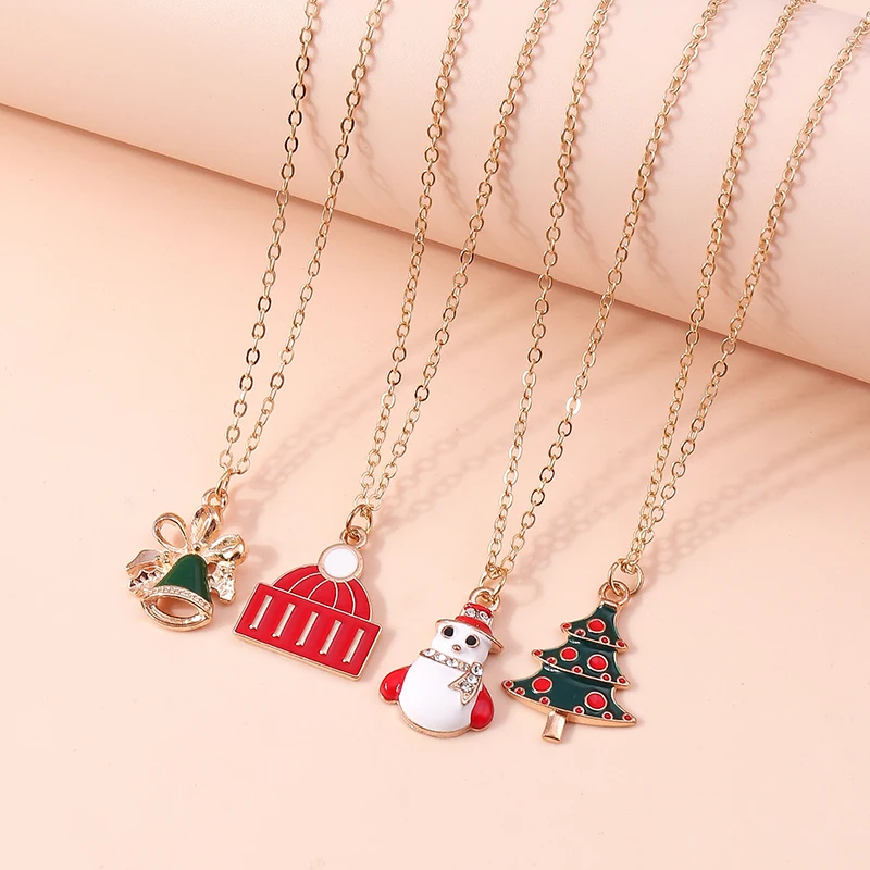 Leslie 4-teiliges Weihnachts-Halsketten-Set, Emaille, Weihnachtsmann, Glocke, Schneeflocke, Hirschbaum, Anhänger, Halskette für Frauen, Neujahrsgeschenk – Detail 17