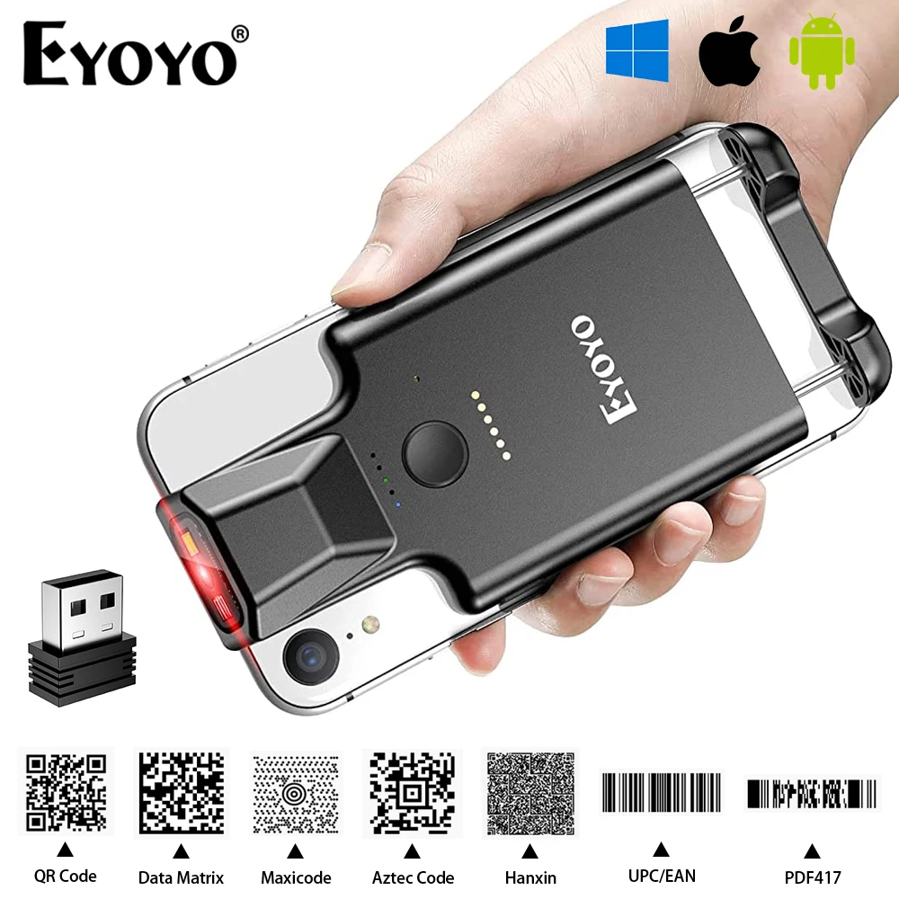 Оптовая продажа, стандартный портативный сканер штрих-кода Eyoyo с задней клипсой 1D и 2D Bluetooth, сканер штрих-кода с поддержкой экрана, сканирование QR-кода/PDF417/Data Matrix