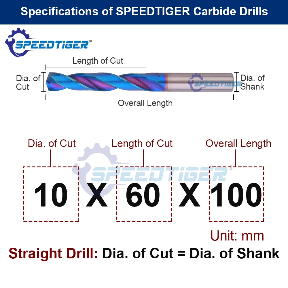SPEEDTIGER HRC70 카바이드 트위스트 드릴 비트 100mm 길이 2.0MM-18MM 구멍 직경 드릴링 도구 스테인레스 스틸용 블루 코팅