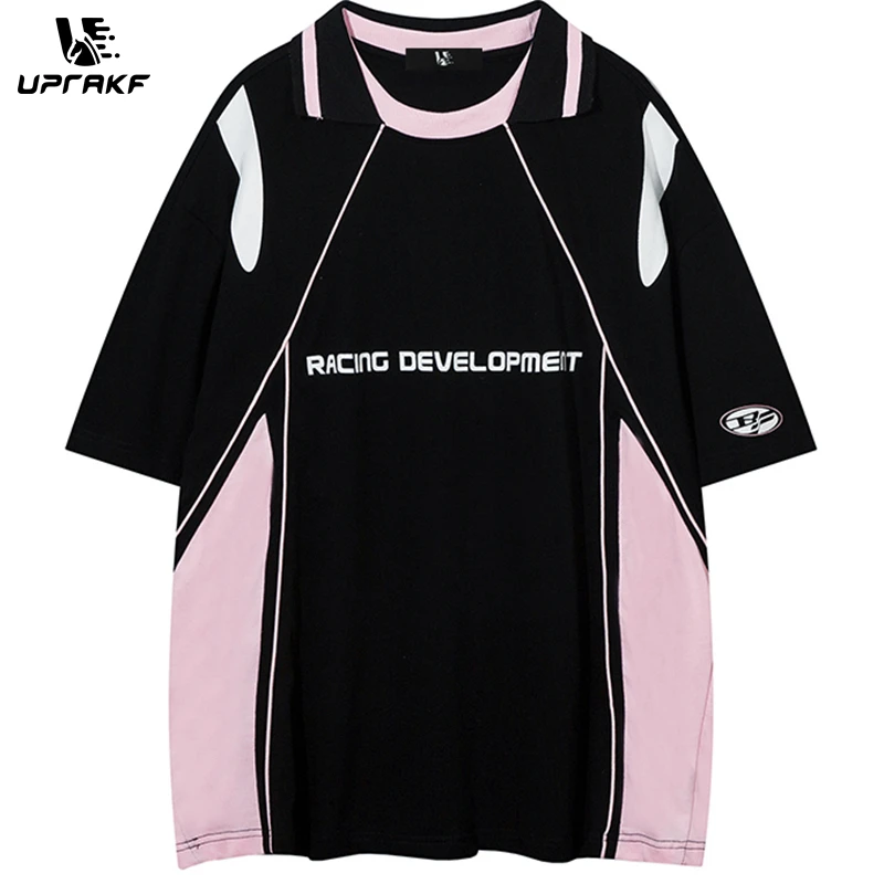 

UPRAKF Streetwear Men T Shirt Patchwork Oversize New Fashion Cotton Sweatshirt Sports Style Black Pink Casual Lapel Top Tee