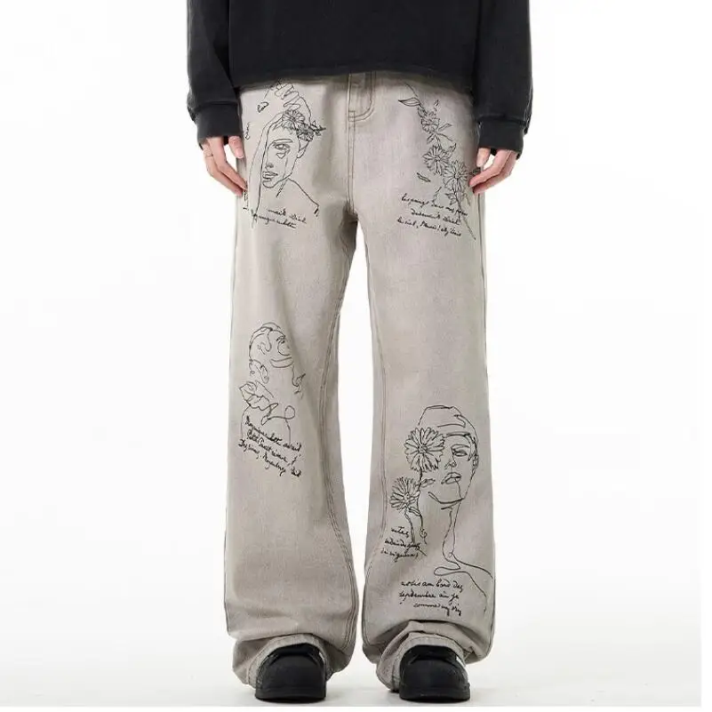 

Джинсы American High Street мужские модные свободные широкие штаны для мужчин оригинальные граффити в стиле ретро с ручной росписью брюки-граффити w802