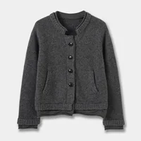 Women's 2025 Autumn Winter Retro Fake Two-Piece Ribbed Cardigan Crew Neck Long Sleeve Gray Knit Outerwear