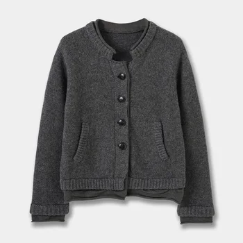 Women's 2025 Autumn Winter Retro Fake Two-Piece Ribbed Cardigan Crew Neck Long Sleeve Gray Knit Outerwear