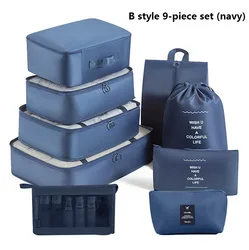 9 - Piece Waterproof Travel Packing Cube Set with Drawstring Pouches (B 9 Navy)