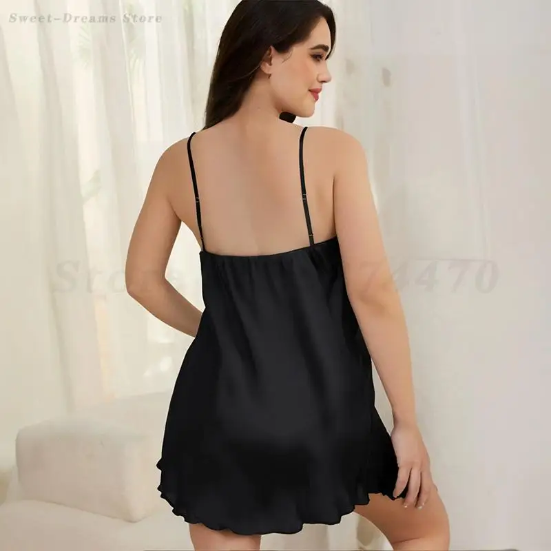Plus Size 5XL Female Nightgown Sleepwear Sexy Black Tassels Spaghetti Strap Nightdress Nightwear Loose Silk Satin Home Dress