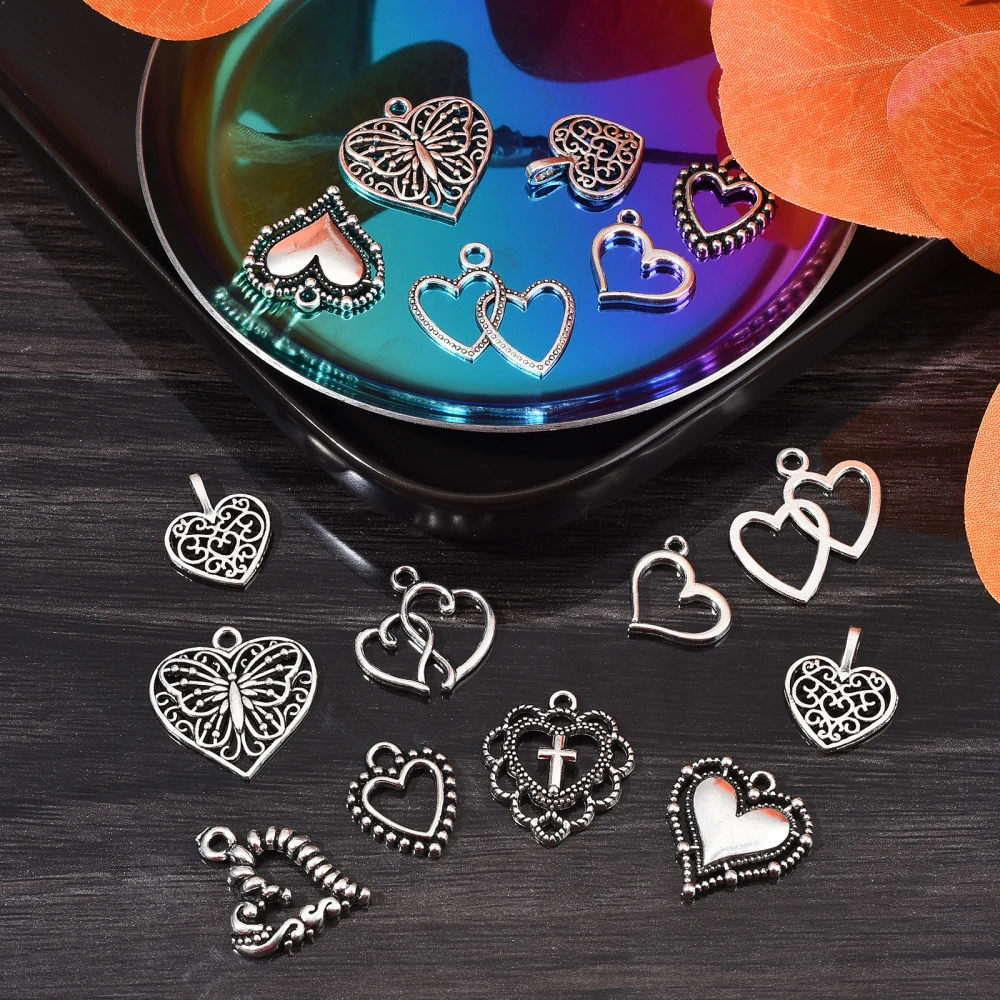 PandaHall 100Pcs 10Style Tibetan Style Love Heart Charms Antique Silver Heart Charms for Jewelry Making Bracelets Necklace