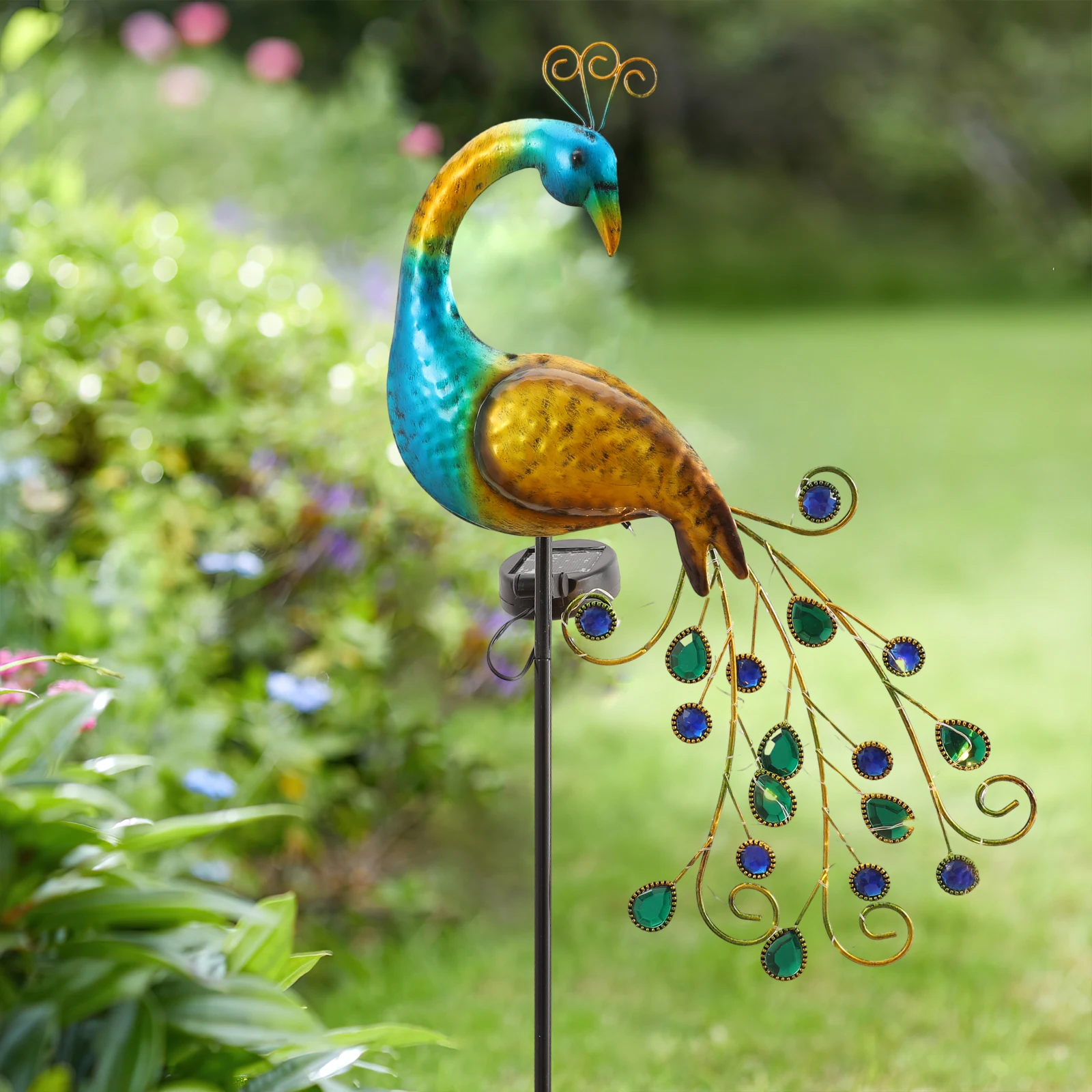 SolarPeacockLightsOutdoorLEDLightMetalPeacockStatuesFigurine