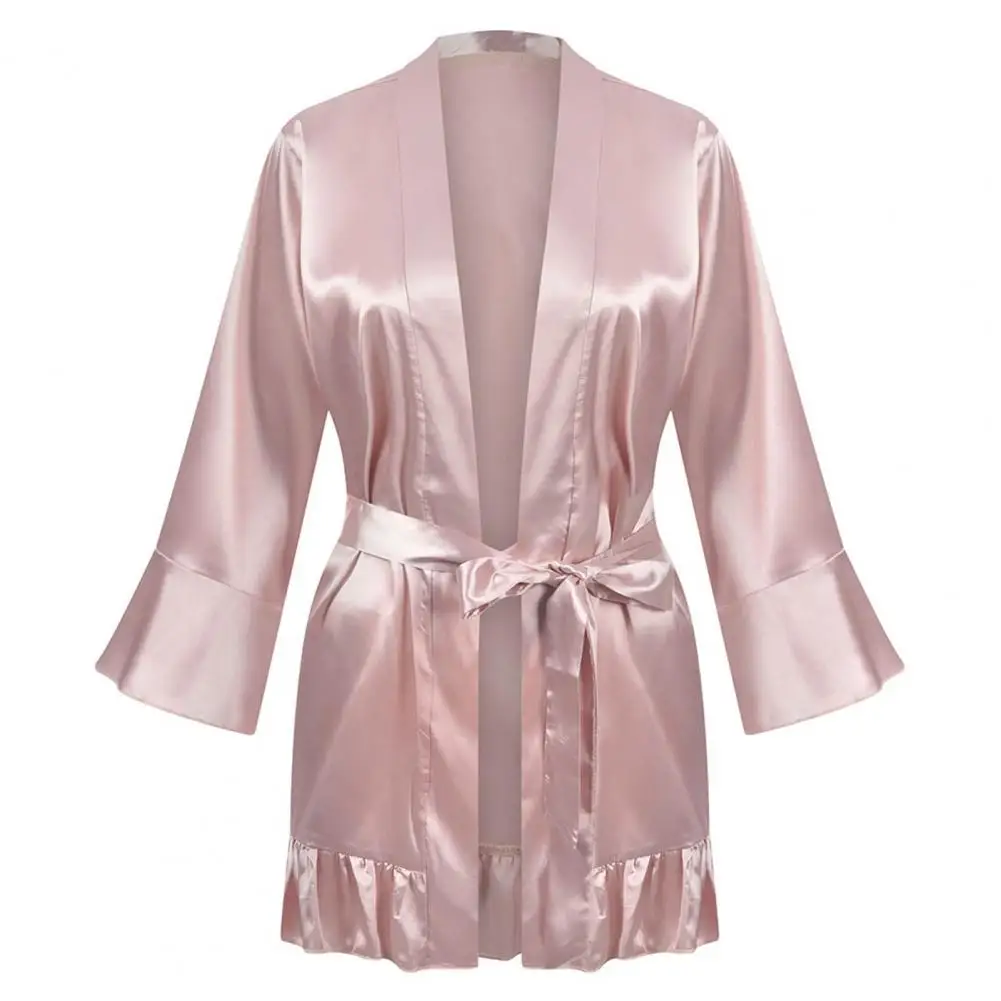 Women Pajamas Cardigan Silky Above Knee Long Sleeves Sleeping Robes Satin Tight Waist Lace Up Lady Sleeping Gown For Bedroom,women dress,women sleepwear,silk robe,sleepwear pajamas