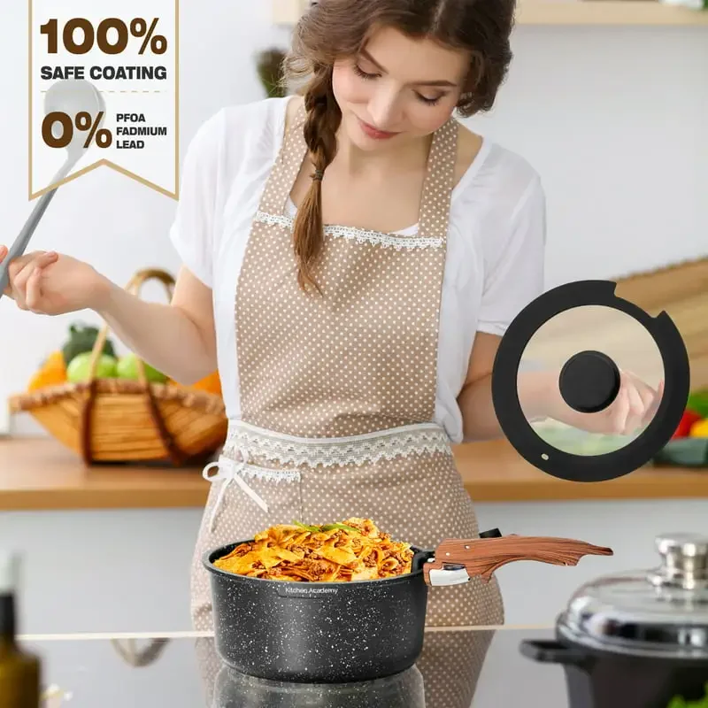 This nonstick granite pots and pans set comes with 2 removable