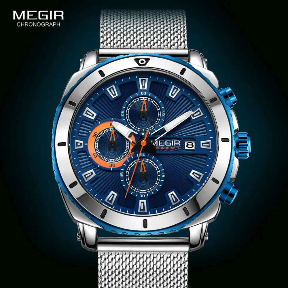 

2023 Fashion MEGIR Brand Men Quartz Watch Simple design Chronograph Waterproof Ultrathin Steel Multifunction Man Wristwatch New