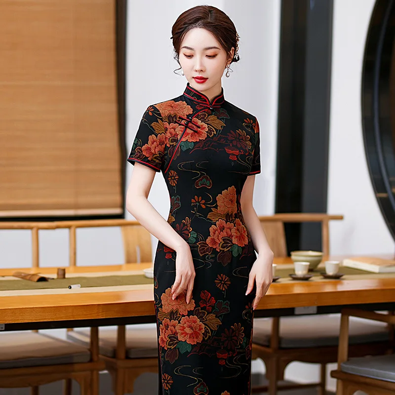 

2023 Spring and Autumn New Improved Chinese Style Cheongsam Elegant Lady Slim Mid-length Slit Qipao Evening Dress for Women
