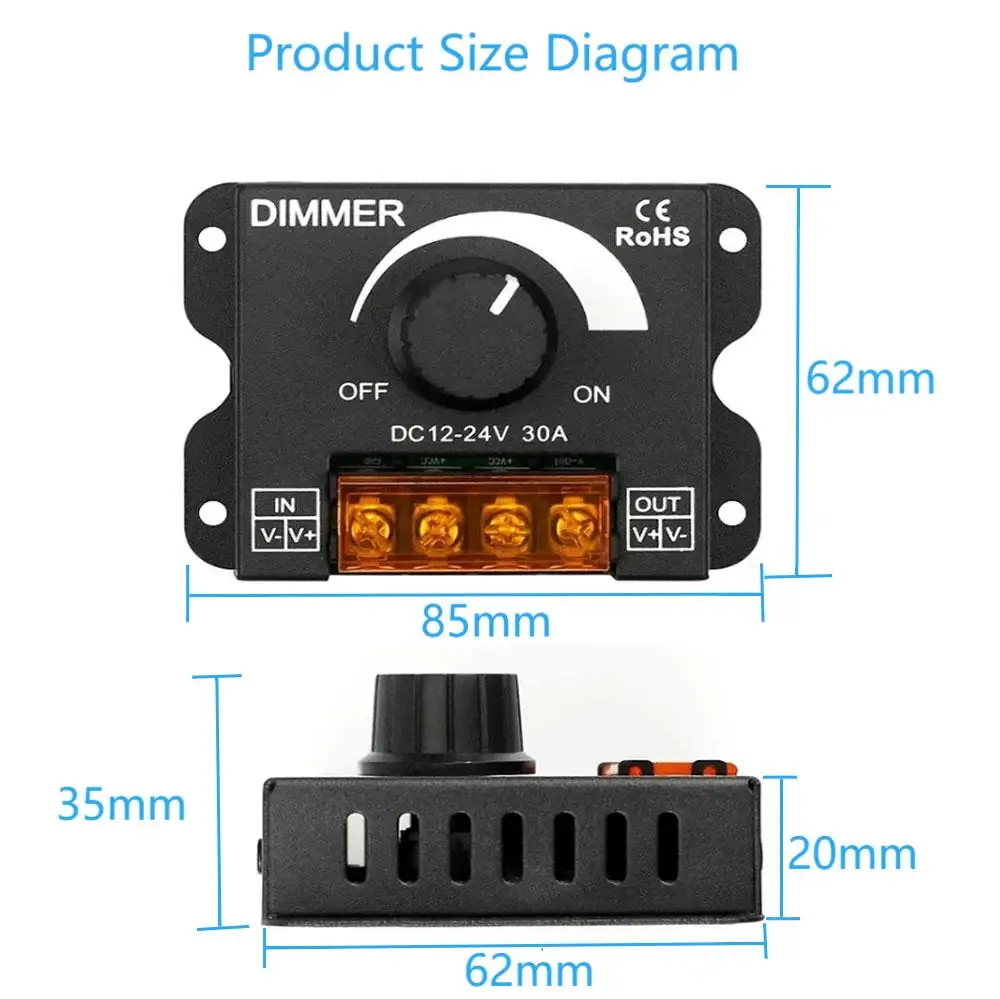 DC 12V-24V LED Dimmer Switch 30A LED Monochrome Controller PWM Digital Stepless Dimming Lamp Strip Single Color Lamp