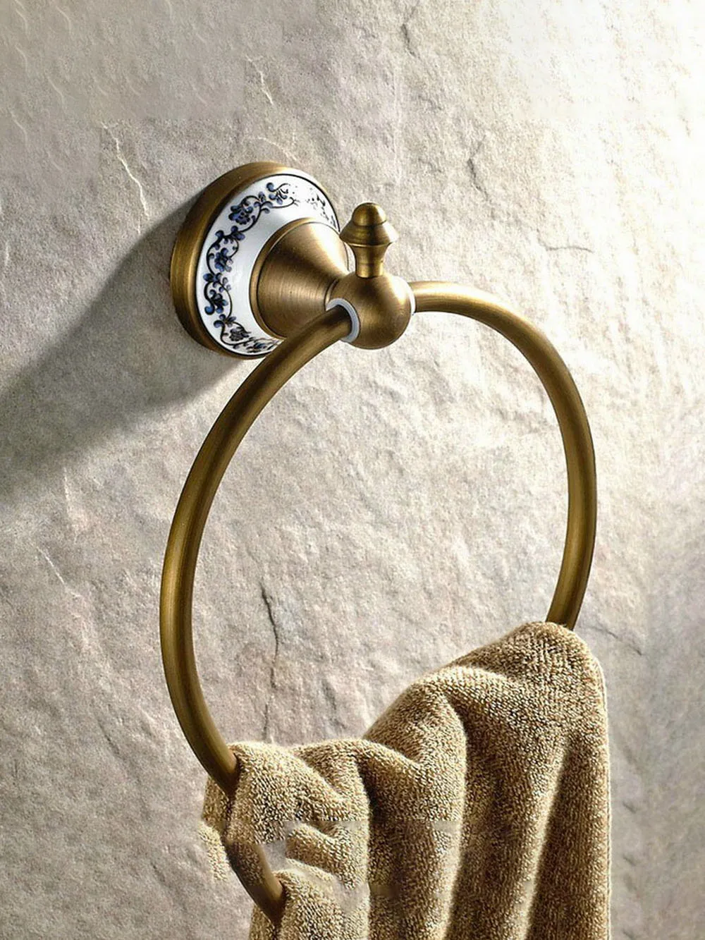 NEW Bathroom Accessory Wall Mounted Antique Brass Bronze Ceramic Flower Pattern Towel Ring Towel Rack Holder aba401