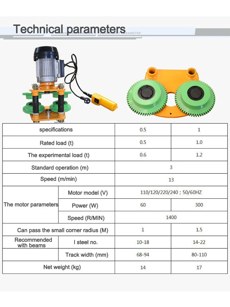 1T Electric Hoist Four Wheels Miniature Crane Manual I-Beam Power Tools for Fact