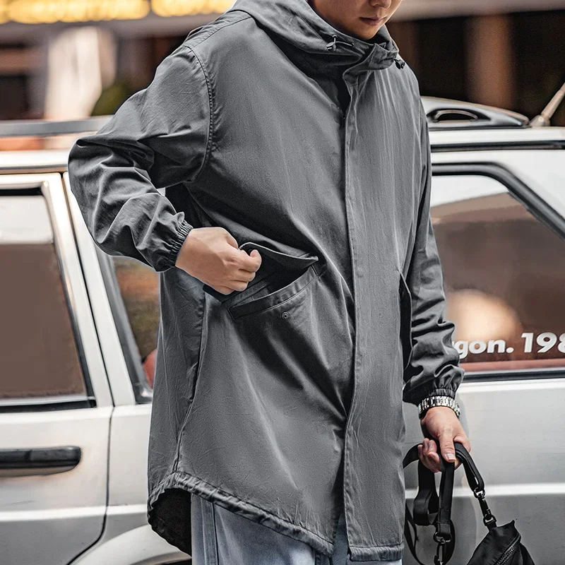 Maden Retro Gray M51 Windbreaker Hooded Jacket Fish-tail Hem Print Parka Long-length Overcoat for Men Spring and Fall Outerwear