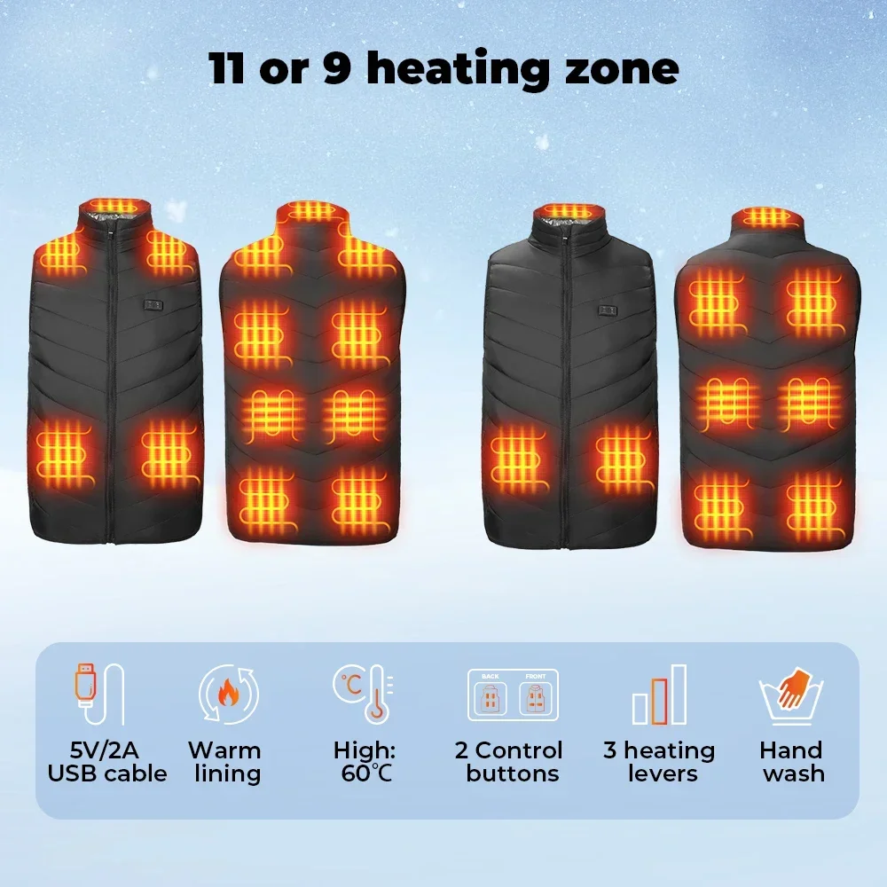 New USB Electric Heated Vest Winter Smart Heating Jackets Men Women Thermal Heat Clothing Plus Size Hunting Coat Keep Warm Black