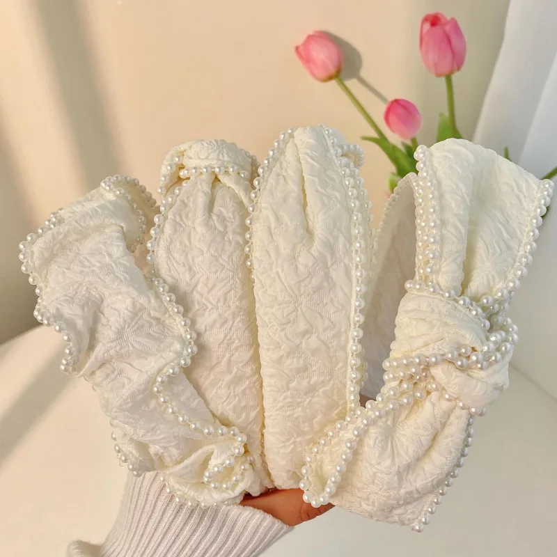 

French Vintage White Pearl Headbands for Women Elegant Ladies Large Bow Pressed Hairband Girls Pleated Fabric Hair Accessories