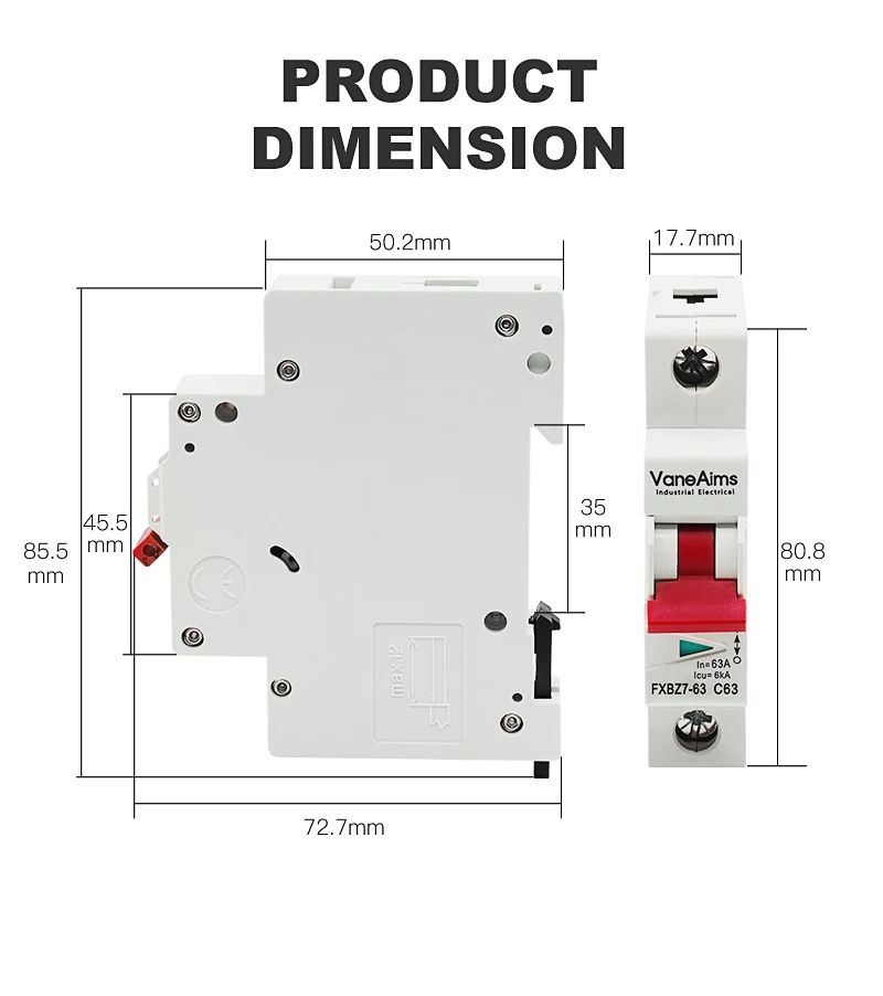 DC 250V 1P Solar Mini Circuit Breaker VaneAims Overload Protection PV Switch 6-63A Din Rail Mount MCB Photovoltaic System