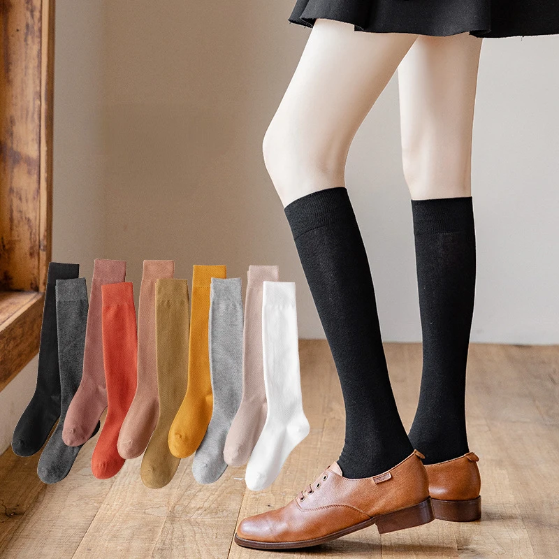 

Long Calf Socks for Women Knee High Breathable Casual Sock Cotton Black White Fashion Solid Colors All Season Stockings Mujer