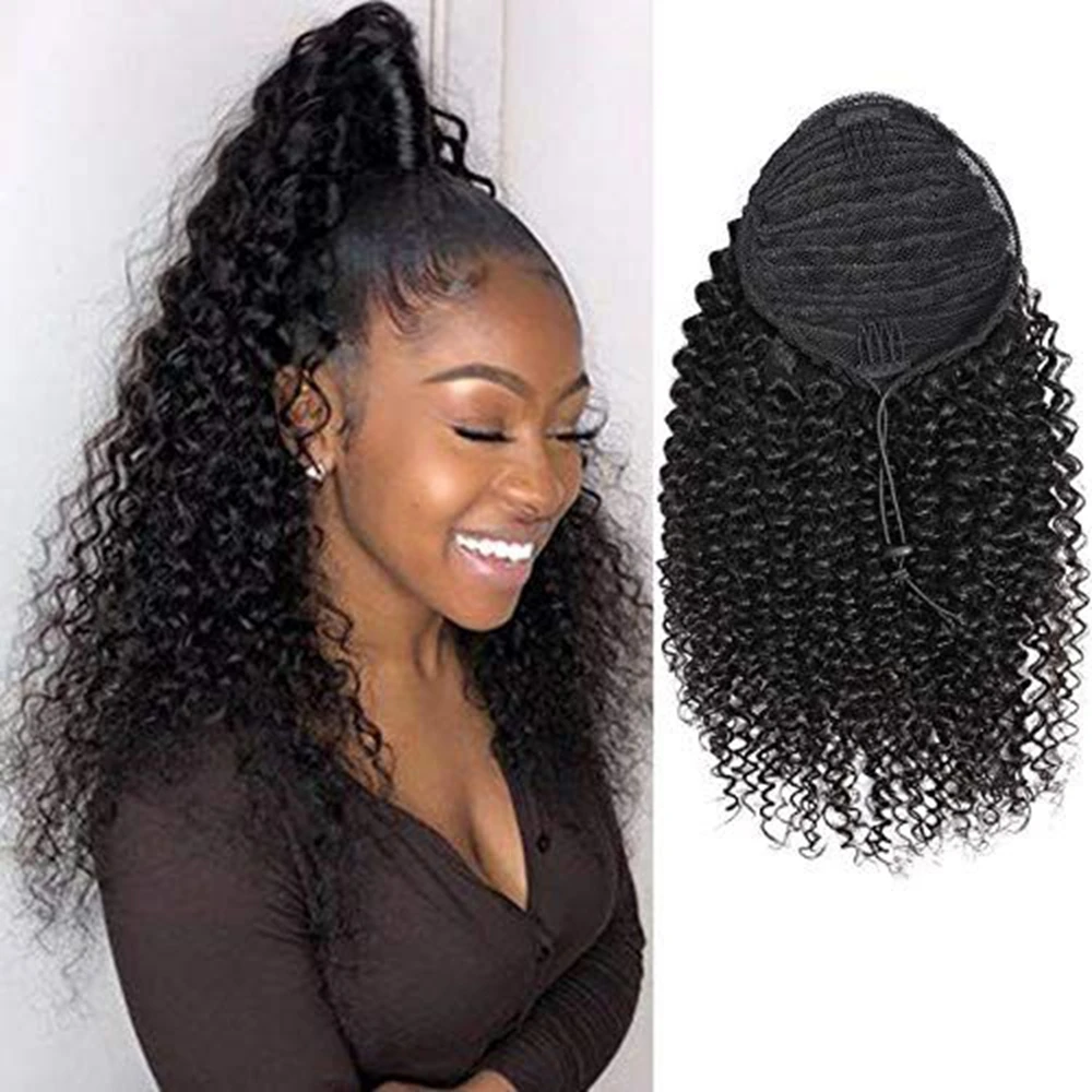 아프로 곱슬 드로스트링 포니테일 인모 천연 포니테일 붙임머리 웨이브 12A 브..