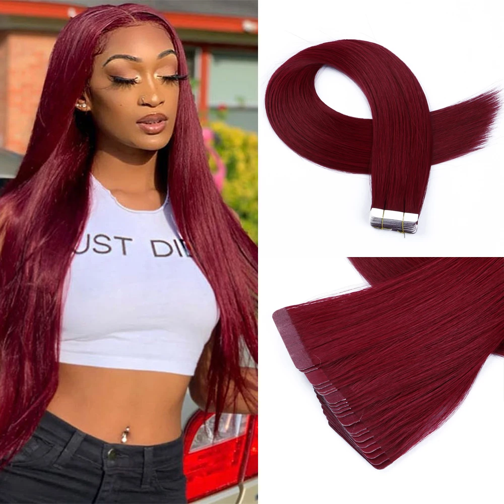 Soft Burgundy Tape In Human Hair Extensions Remyhair Extension 12-26 Inch  Wine Silky Straight High Quality For Black Woman - Tape Hair Extensions -  AliExpress