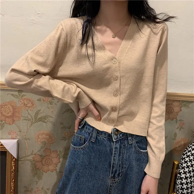

2023 Autumn and Winter Women's V-neck Button Screw Thread Solid Loose Cardigan Casual Fashion Elegant Commuter Long Sleeve Tops