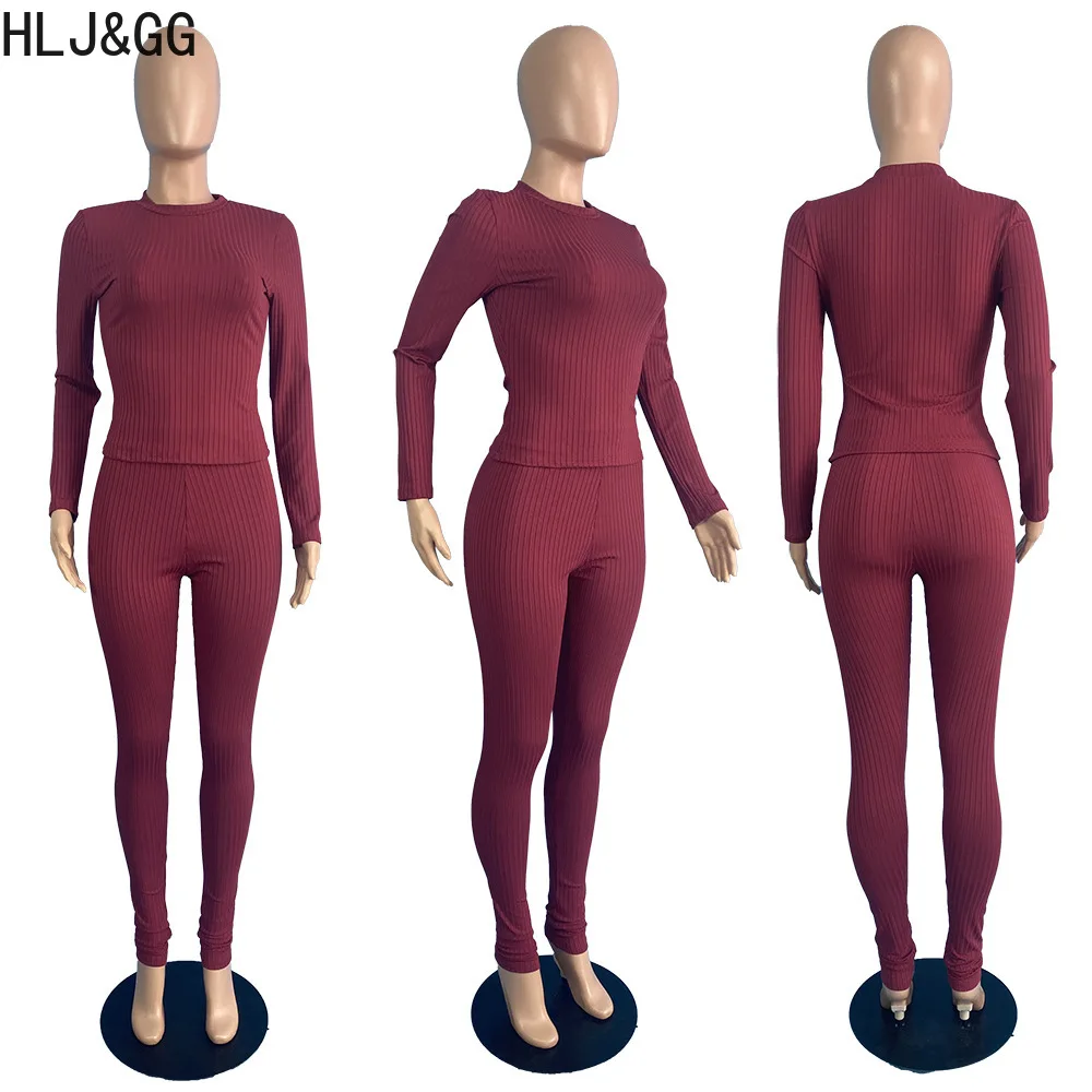 HLJ&GG Casual Solid Color Ribber Two Piece Sets Women Round Neck Long Sleeve Top + Legging Pants Tracksuits Female 2pcs Outfits