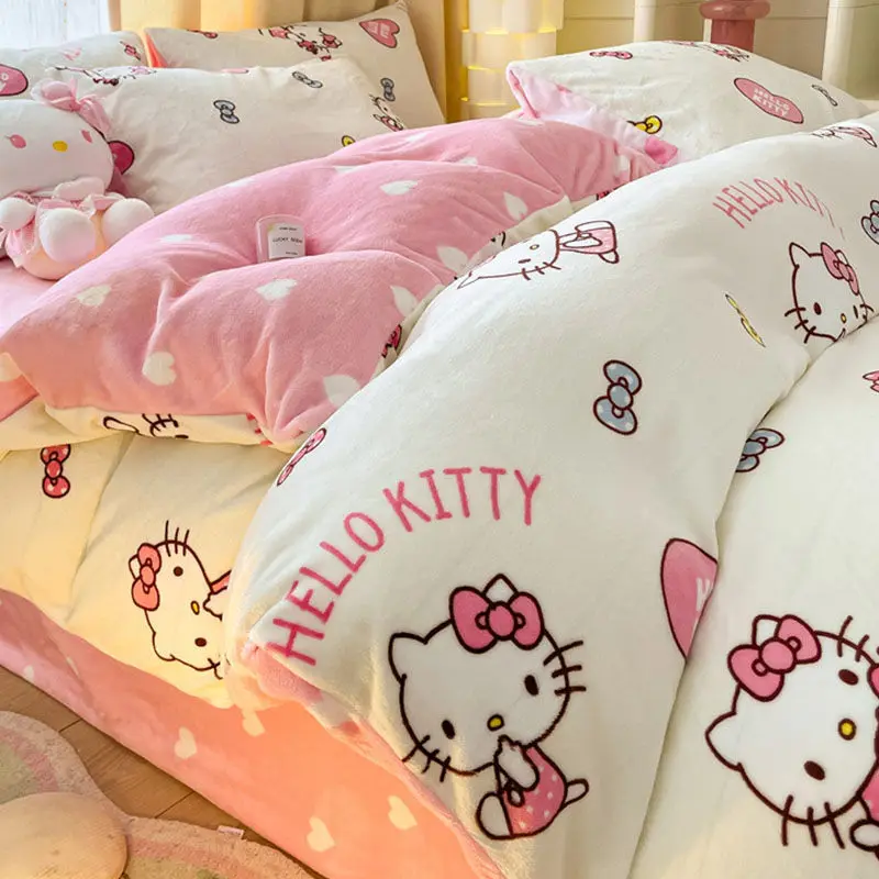 

Kawaii Sanrio Bed Four-Piece Set HelloKitty Kuromi Mymelody Cinnamoroll Plush sheet Quilt cover Pillowcase room decoration Gift