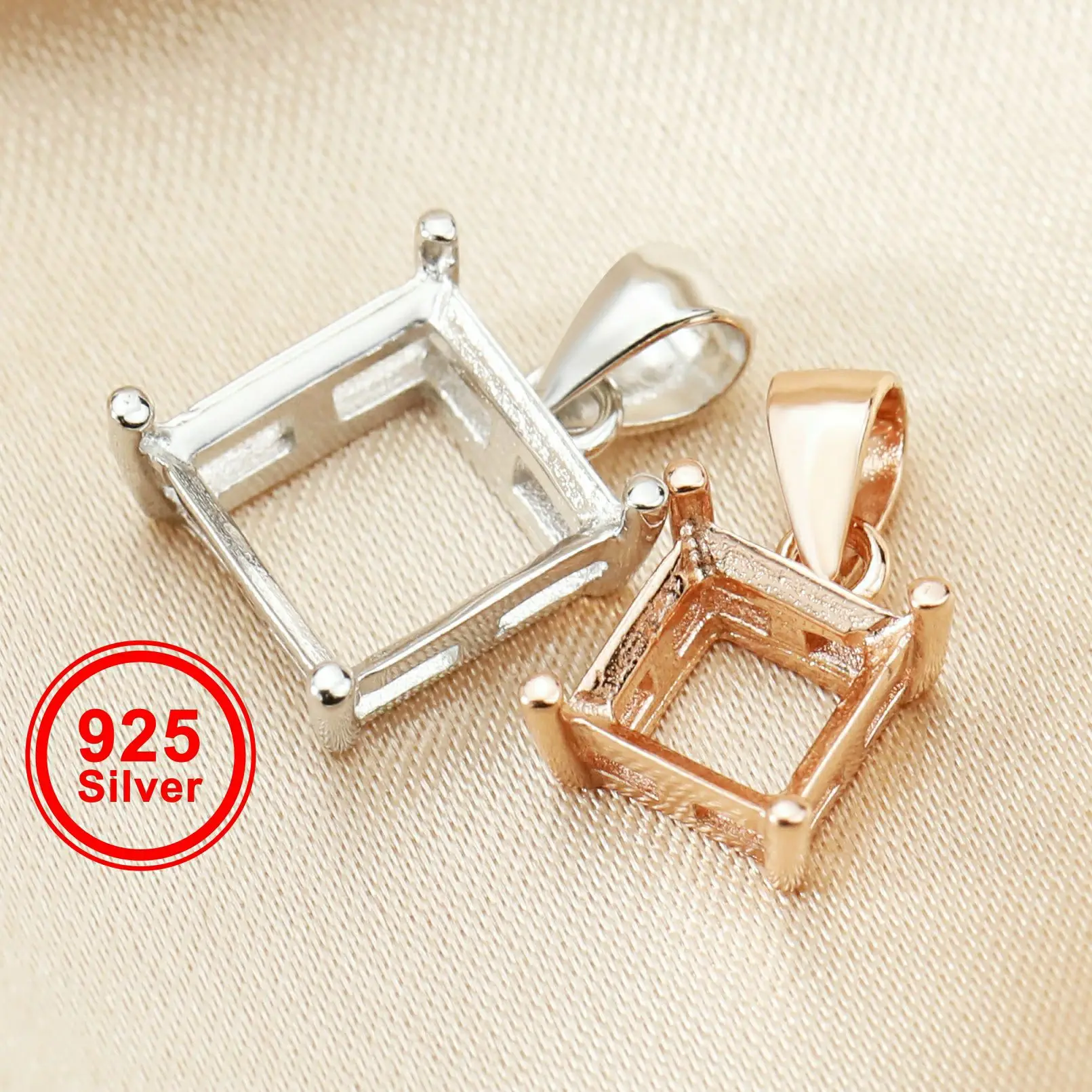 

5-10MM Square Prong Pendant Charm Settings Simple Rose Gold Plated Solid 925 Sterling Silver DIY Bezel Tray for Gemstone 1431067