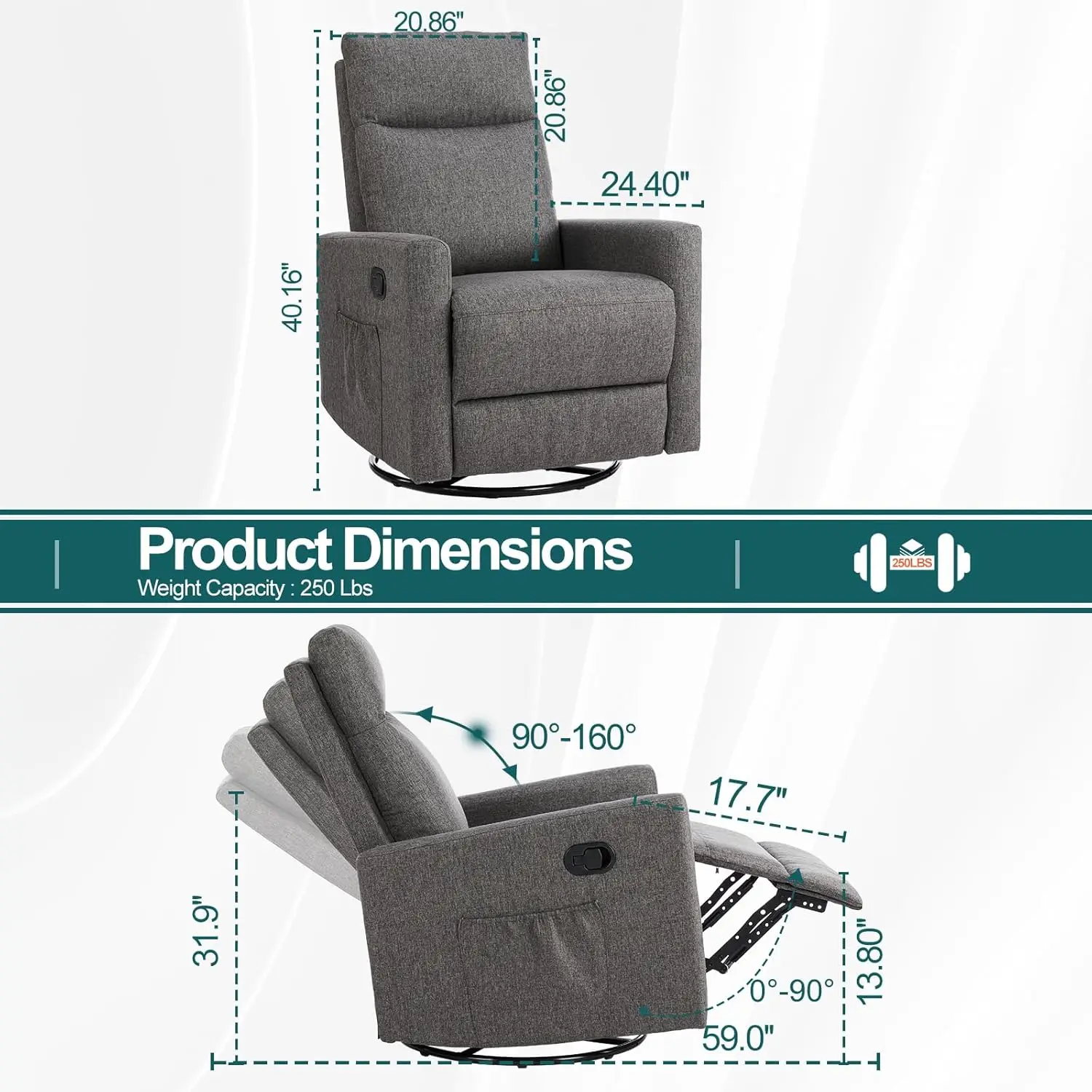 Swivel Recliner Chair, Rocking Chair Nursery Massage, Glider Rocker Recliner for Nursery, Glider Nursery Chair for Living Room