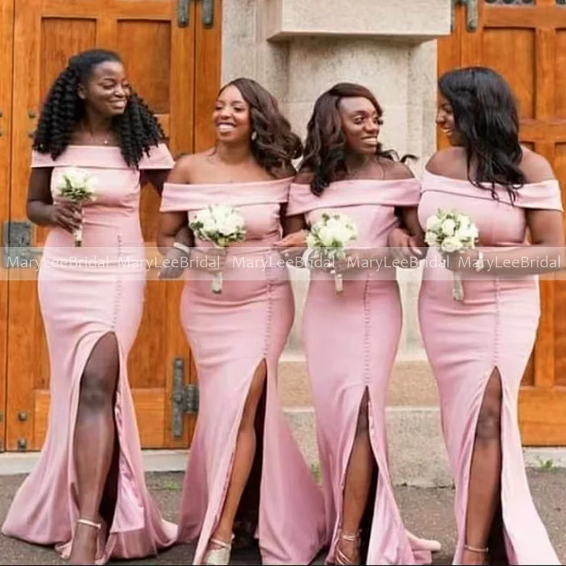 

Boat Neck Pink Bridesmaid Dresses with Slit Off the Shoulder Mermaid Button Long Wedding Guest Dress Women Reception Formal Gown