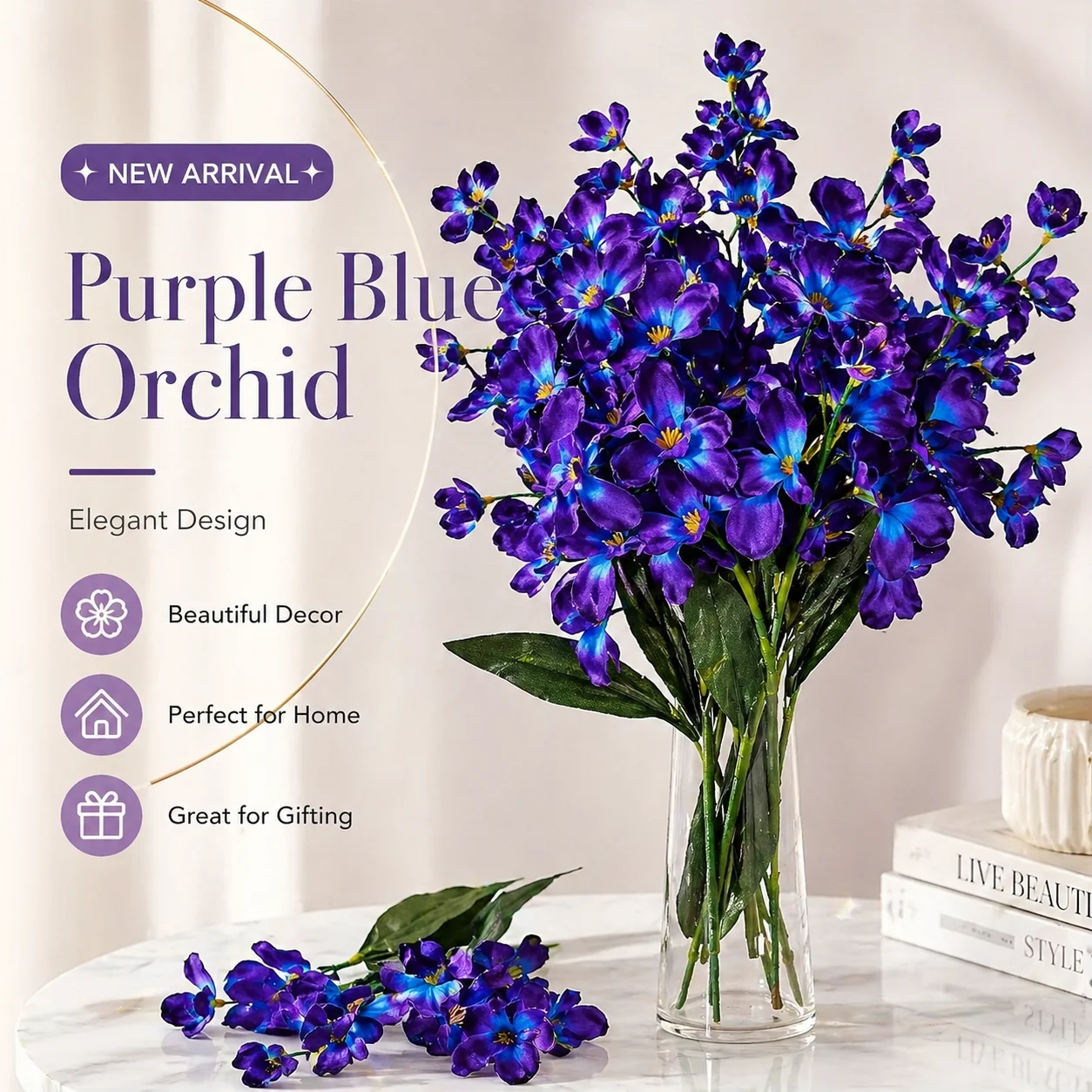 5 Stück 27 Zoll große lila-blaue künstliche Orchideenblüten für Hochzeitssträuße, Heim- und Restaurantdekoration