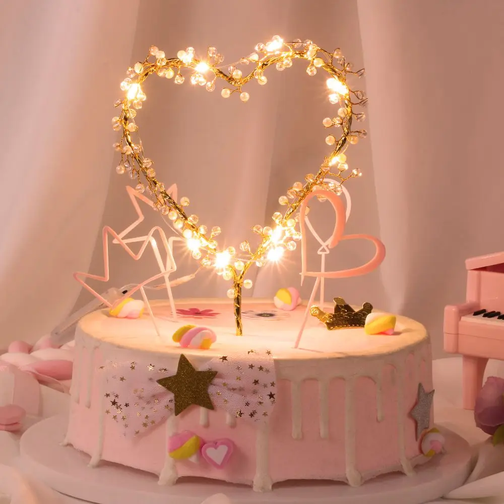 Heart Shape LED Pearl Cake Toppers Baby Happy Birthday Cupcakes Party Decor DIY 