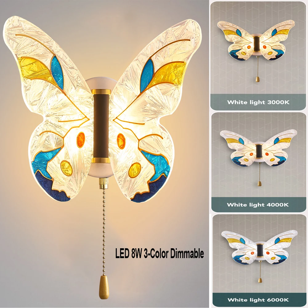 LED 나비 벽 조명, 조도 조절 3 색 배경 벽 스콘스 조명, 벽 마운트 램프, 침실 거실 복도, 8W