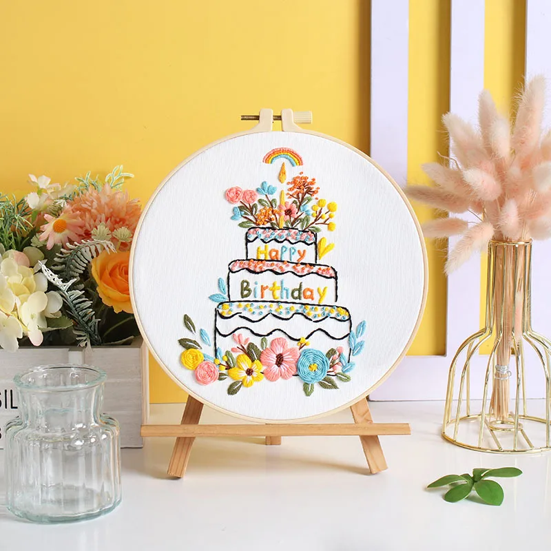 Happy Birthday Cake Flower Embroidery Kit with Stamped Cloth Needle EN instructions Thread for Birthday Gift DIY
