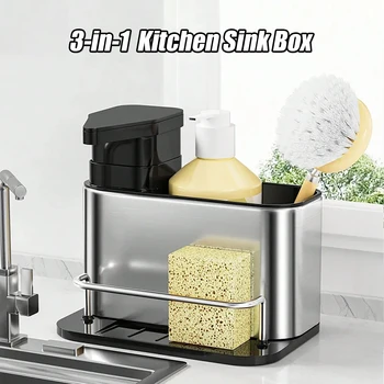 3-in-1 สแตนเลสสตีลเครื่องจ่ายสบู่ฟองน้ําผู้ถือช้อนส้อมจัดเก็บอ่างล้างจานถาดกันสนิม Drainer Rack 1