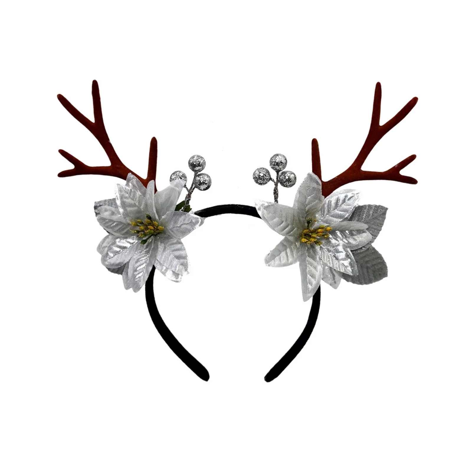 1PC Christmas Reindeer Antlers Headband - Poinsettia Flower Decor Hair Accessory For Christmas Party Cosplay Festival Decoration