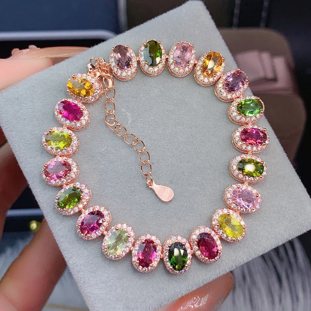 

Natural Tourmaline Bracelet Rainbow color Fine Jewelry for Women Anniversary Gift 925 Sterling Silver 20pcs 4*6MM Gemstone