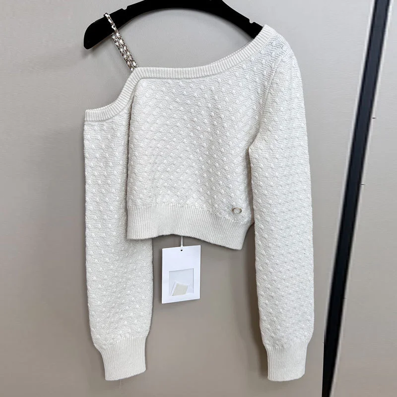 

Runway Women Solid Cashmere Knitted Sweater Fashion Simple Chain Oblique Shoulder Collar Pullovers Y2K Short Slim Clothes New
