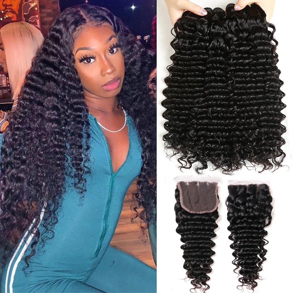 15A Brazilian Deep Wave Bundles With Frontal Tissages Bresilien 3 Bundles With Lace Closure Curly Remy Human Hair Extensions