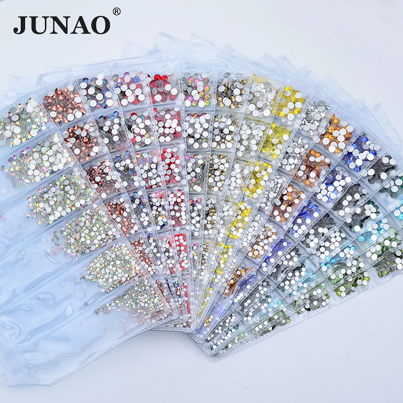 

JUNAO SS6 8 10 12 16 20 Mix Size Glass Flatback Rhinestones Set Non Hotfix Crystals Strass For Nail Art Decorations DIY Sticker