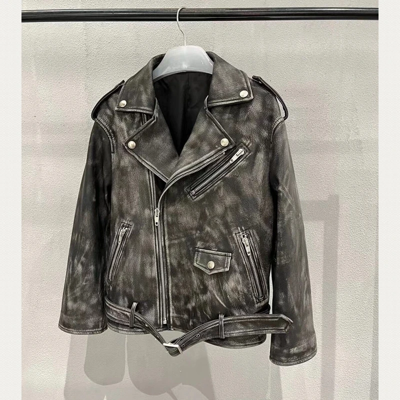 

2023 Natural Leather Women Lambskin Leather Bomber Biker Jacket Long Sleeves 100% Sheepskin Leather Coat H410