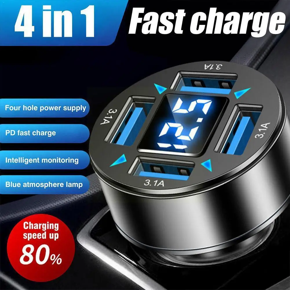 

4 in 1 Car Charger Fast Charging QC3.0 USB PD Phone Accessories Adapter Interior Sturdy Automotive Durable Charger Portable X4B1