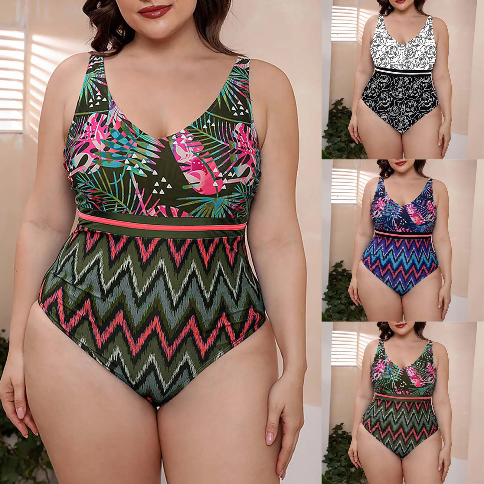 

Hot Spring Vacation Sling Striped Vest Swimsuit Printed Large Size Siamese Swim Wear Womens Bath Suit Cover Ups