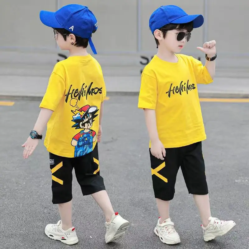

Fashion Summer Teenage Boy Clothes Boys kids for 4 6 8 10 12 Year Korean Casual T-Shirt Shorts 2Pcs Sets Funny Cartoon Suit