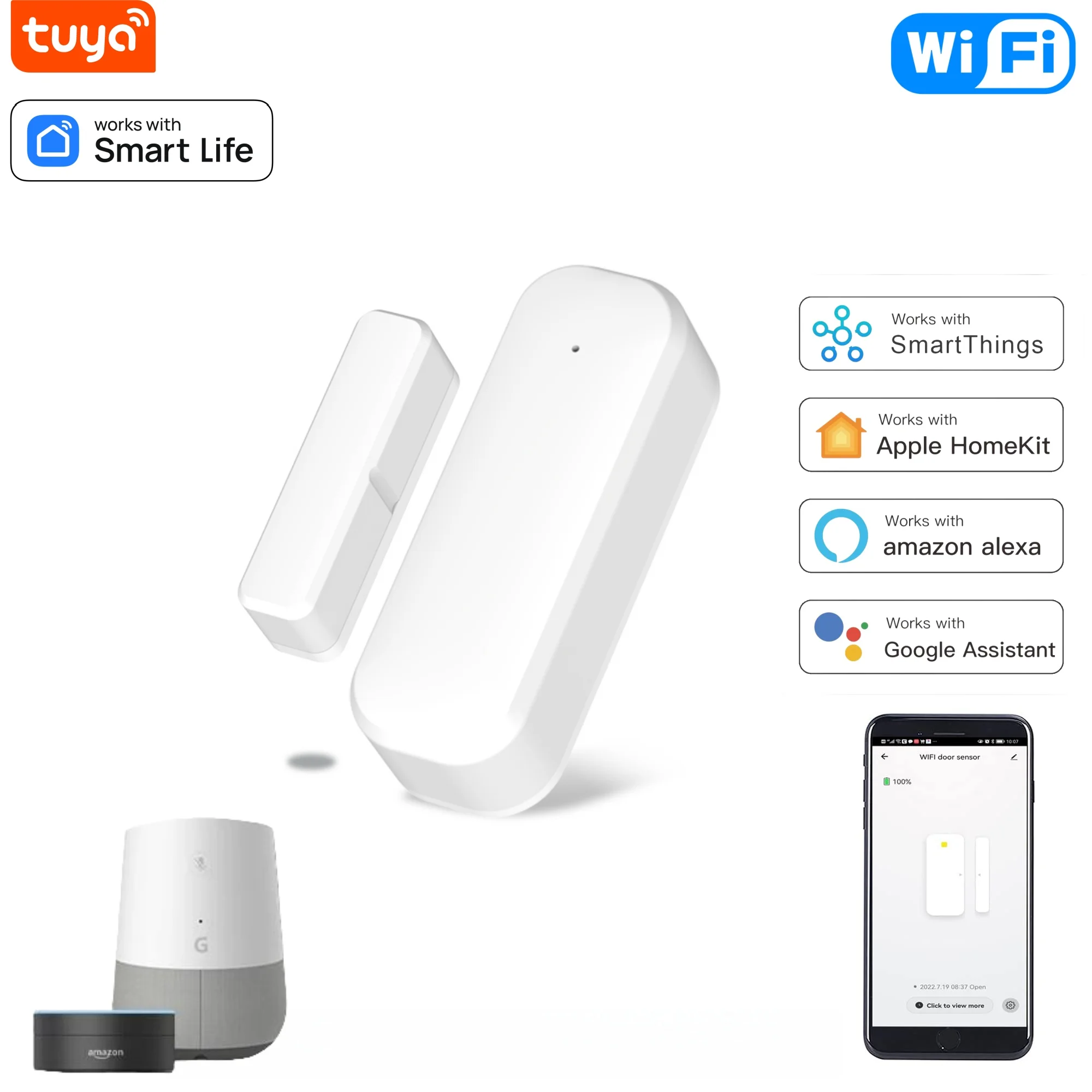 Tuya Door Sensor Window WiFi Wireless Contact Open Close Smart Life APP Remote Control Compatible With Alexa Google Assistant